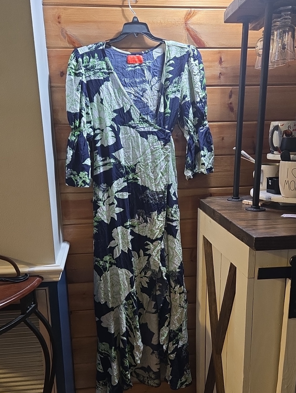 Maaji Navy Wrap Maxi Dress with Light Green Floral Print M 0726